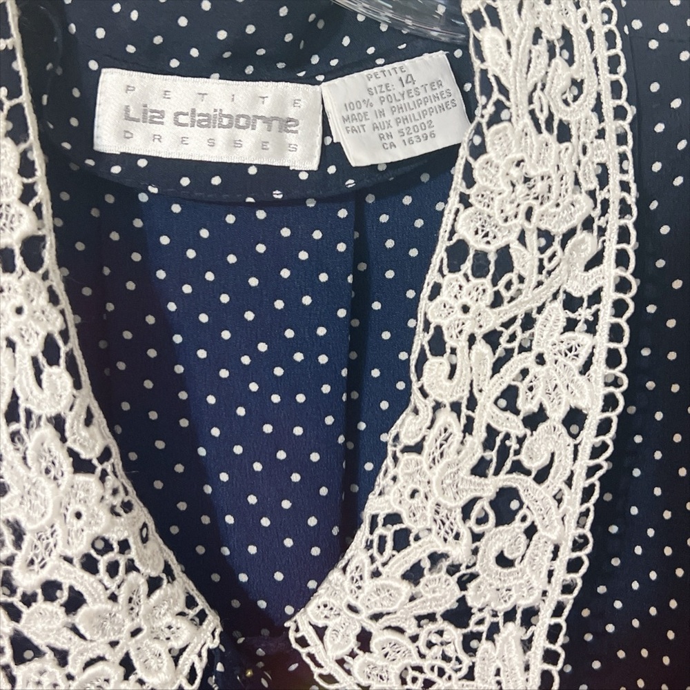 Liz Claiborne Vintage 90’s Navy & White Swiss Dot Maxi Dress  Lace Collar Sz 14P - Picture 3 of 4